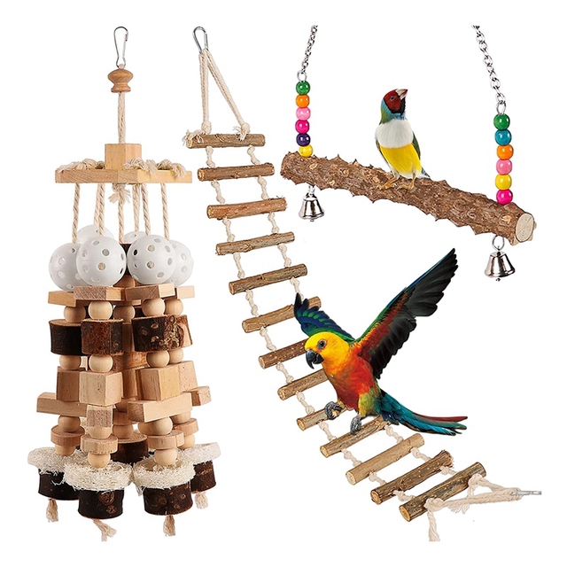 Zabawki dla papug ptaków - drewniane bloki gryzaków z huśtawką i drabinką + stojak na kakadu klatka + akcesoria do zabawek (3 szt.) - Wianko - 2