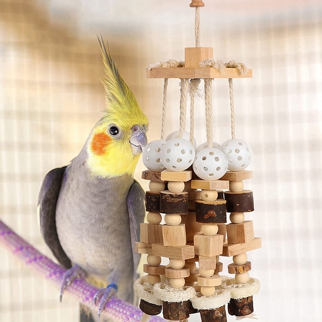 Zabawki dla papug ptaków - drewniane bloki gryzaków z huśtawką i drabinką + stojak na kakadu klatka + akcesoria do zabawek (3 szt.) - Wianko - 6