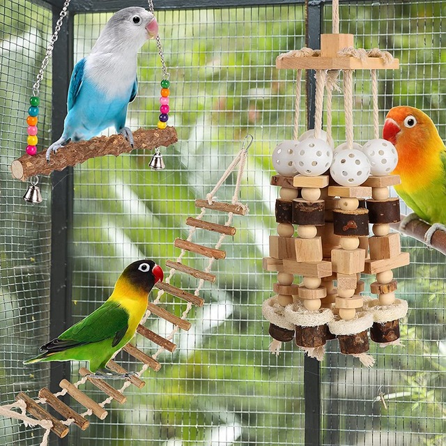 Zabawki dla papug ptaków - drewniane bloki gryzaków z huśtawką i drabinką + stojak na kakadu klatka + akcesoria do zabawek (3 szt.) - Wianko - 8
