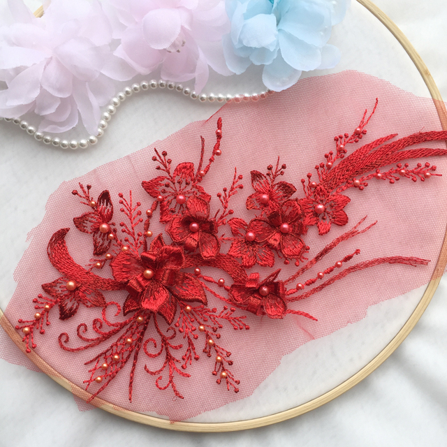 Elegancki 3D haft zroszonych kwiatów koronki w formie aplikacji - 30X15 cm, złoto/szampański/różowy - Wianko - 2