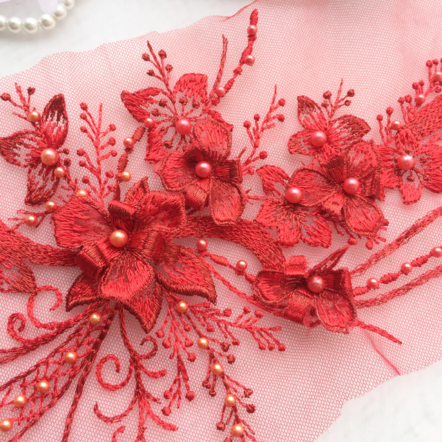 Elegancki 3D haft zroszonych kwiatów koronki w formie aplikacji - 30X15 cm, złoto/szampański/różowy - Wianko - 3
