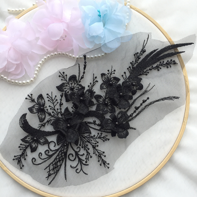 Elegancki 3D haft zroszonych kwiatów koronki w formie aplikacji - 30X15 cm, złoto/szampański/różowy - Wianko - 6