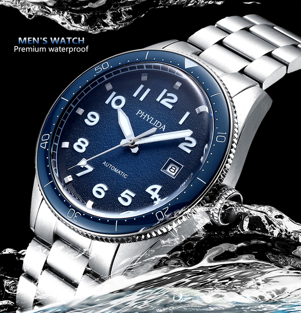 PHYLIDA 2021 nowy luksusowy biznes Sport mechaniczny niebieski zegarek kwarcowy Relogio automatyczny wodoodporny stal nierdzewna water-pr - Wianko - 4