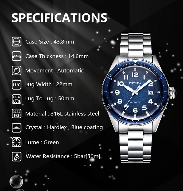 PHYLIDA 2021 nowy luksusowy biznes Sport mechaniczny niebieski zegarek kwarcowy Relogio automatyczny wodoodporny stal nierdzewna water-pr - Wianko - 5