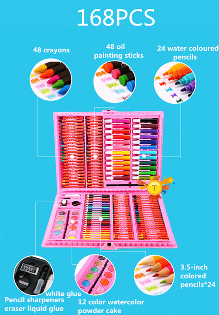 Kredki do malowania dla dzieci - 208 sztuk w niebieskim i różowym, w zestawie narzędzia i akwarela w aluminiowym pudełku - Wianko - 17