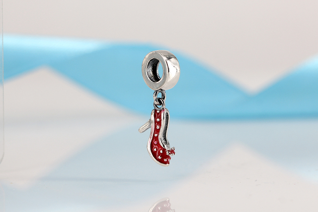 Srebrny wisiorek czerwonego koralika, wysokie obcasy, emaliowany, pasujący do bransoletek Pandora - biżuteria DIY - Wianko - 1