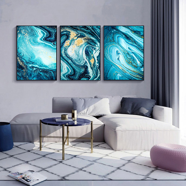 Nordycki obraz morski - 3 sztuki, abstrakcyjny, niebieski, złoty plakaty na płótnie do dekoracji domu i salonu - Wianko - 13
