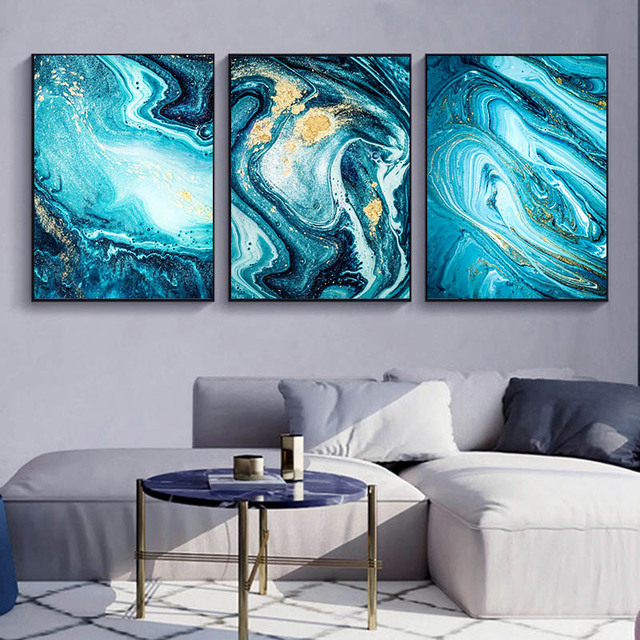 Nordycki obraz morski - 3 sztuki, abstrakcyjny, niebieski, złoty plakaty na płótnie do dekoracji domu i salonu - Wianko - 14