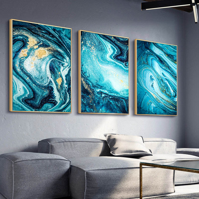 Nordycki obraz morski - 3 sztuki, abstrakcyjny, niebieski, złoty plakaty na płótnie do dekoracji domu i salonu - Wianko - 11