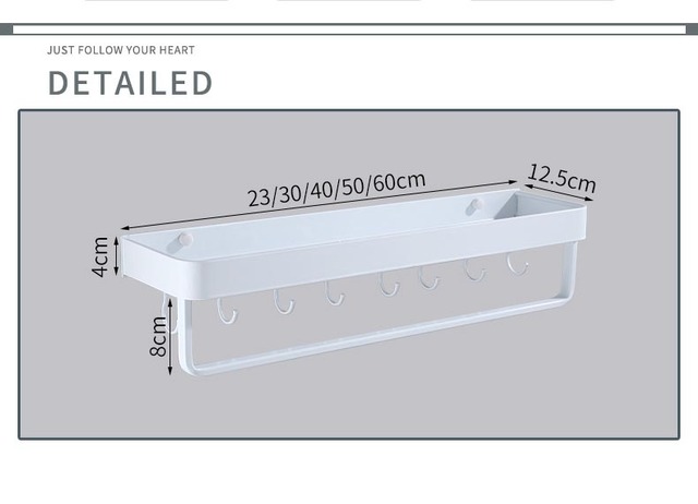 Półka łazienkowa ULA biała 30/40/50/60 cm - polecana do łazienki i kuchni, z możliwością zamontowania na ścianie. W zestawie znajdziesz hak, wieszak pod prysznic, regał magazynowy oraz wieszak na ręczniki - Wianko - 3