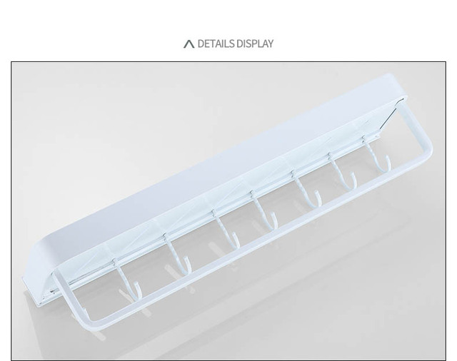 Półka łazienkowa ULA biała 30/40/50/60 cm - polecana do łazienki i kuchni, z możliwością zamontowania na ścianie. W zestawie znajdziesz hak, wieszak pod prysznic, regał magazynowy oraz wieszak na ręczniki - Wianko - 7