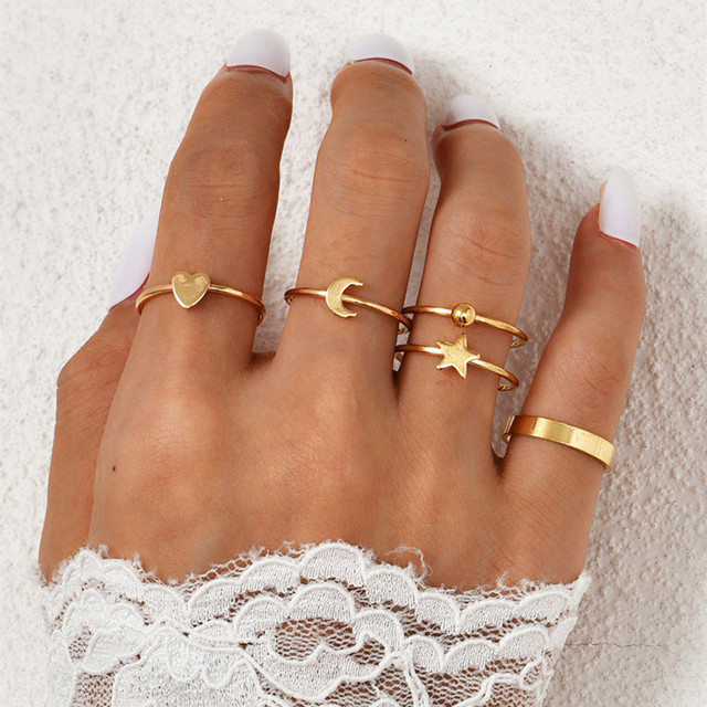 Pierścienie ze złotej biżuterii - modny zestaw Somple z gwiazdami, księżycem i sercem dla kobiet - Wianko - 1