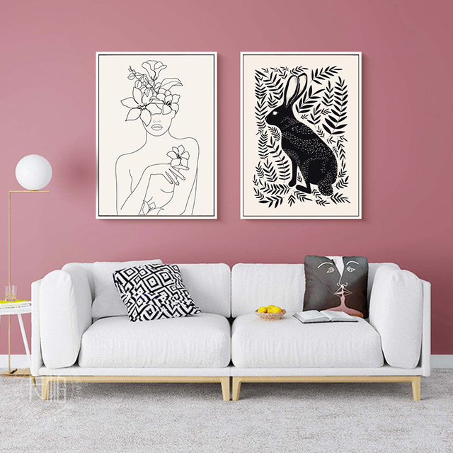 Abstrakcyjny rysunek królik na płótnie - minimalistyczny różowy nadruk - nowoczesny salon - Home Decor - Wianko - 8