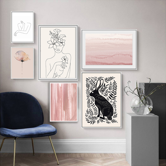 Abstrakcyjny rysunek królik na płótnie - minimalistyczny różowy nadruk - nowoczesny salon - Home Decor - Wianko - 3