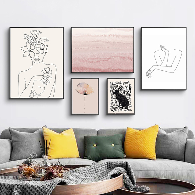 Abstrakcyjny rysunek królik na płótnie - minimalistyczny różowy nadruk - nowoczesny salon - Home Decor - Wianko - 4