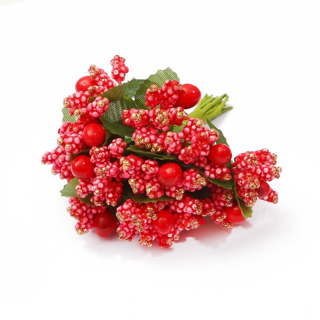 Pakiet 144 sztuk sztucznych czerwonych hybrydowych kwiatów wiśni wraz z pręcikami jagody - dekoracje ślubne DIY w pudełku na prezent, wieniec Craft - sztuczne kwiaty na Boże Narodzenie - Wianko - 23