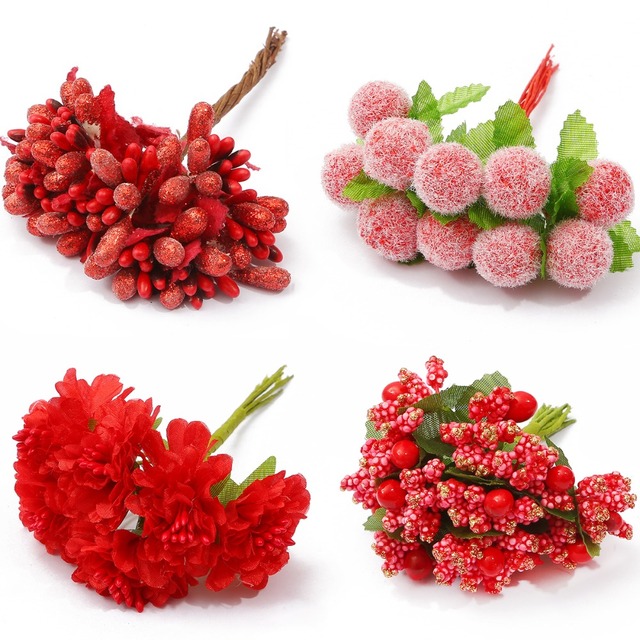 Pakiet 144 sztuk sztucznych czerwonych hybrydowych kwiatów wiśni wraz z pręcikami jagody - dekoracje ślubne DIY w pudełku na prezent, wieniec Craft - sztuczne kwiaty na Boże Narodzenie - Wianko - 1