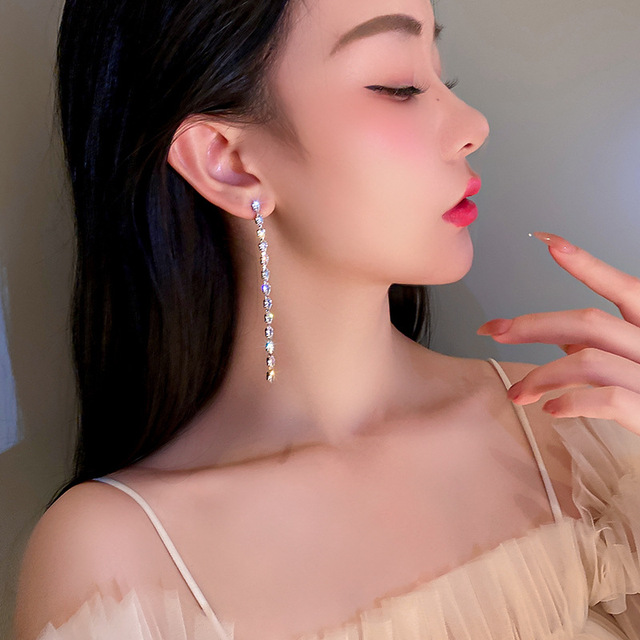Kolczyki wiszące świecące kryształowe 2021 z nowej kolekcji, w stylu koreańskiego słodkiego geometrycznego trendu, długie kolczyki dla kobiet - Wianko - 4