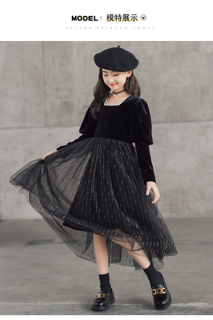 Elegancka czarna sukienka z długim rękawem dla dzieci - Kostium księżniczki, rozmiary od 6 do 16 lat - Wianko - 1