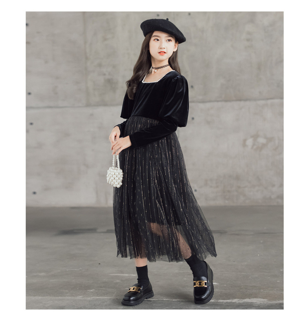 Elegancka czarna sukienka z długim rękawem dla dzieci - Kostium księżniczki, rozmiary od 6 do 16 lat - Wianko - 6