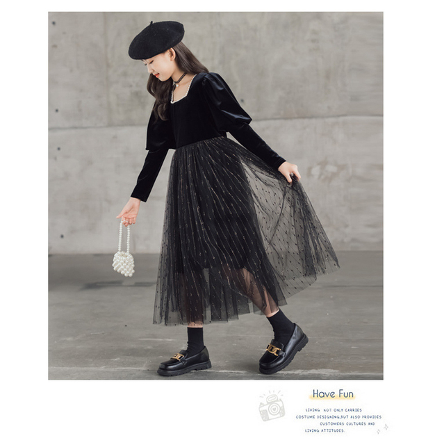 Elegancka czarna sukienka z długim rękawem dla dzieci - Kostium księżniczki, rozmiary od 6 do 16 lat - Wianko - 7