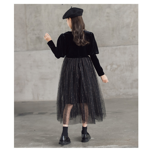Elegancka czarna sukienka z długim rękawem dla dzieci - Kostium księżniczki, rozmiary od 6 do 16 lat - Wianko - 9