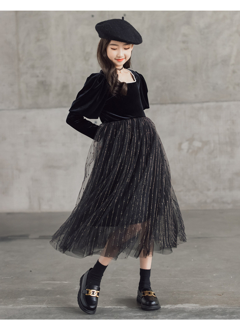 Elegancka czarna sukienka z długim rękawem dla dzieci - Kostium księżniczki, rozmiary od 6 do 16 lat - Wianko - 2