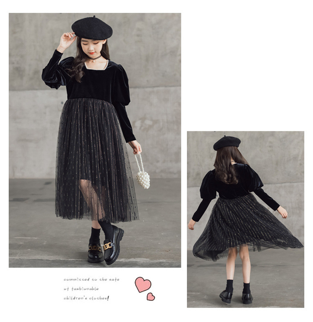 Elegancka czarna sukienka z długim rękawem dla dzieci - Kostium księżniczki, rozmiary od 6 do 16 lat - Wianko - 10