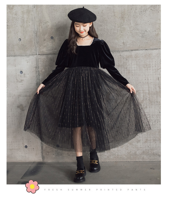 Elegancka czarna sukienka z długim rękawem dla dzieci - Kostium księżniczki, rozmiary od 6 do 16 lat - Wianko - 3