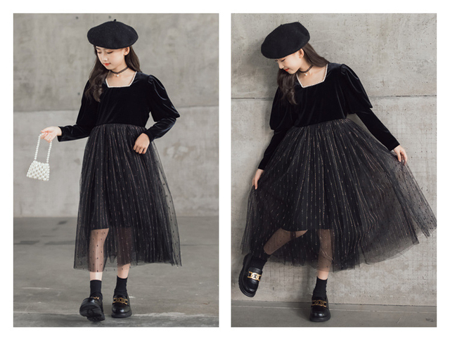 Elegancka czarna sukienka z długim rękawem dla dzieci - Kostium księżniczki, rozmiary od 6 do 16 lat - Wianko - 8