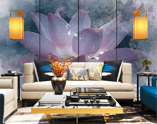 Skandynawska minimalistyczna tapeta do salonu - ręcznie malowany lotos - Wianko - 1