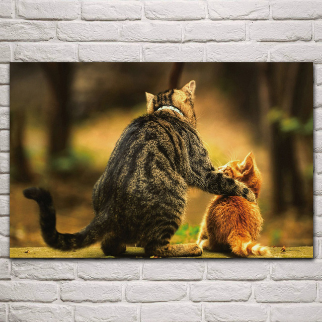 Plakat do dekoracji wnętrz Śliczne koty macierzyństwo zwierząt z drewnianą ramą - malarstwo i kaligrafia - Wianko - 1