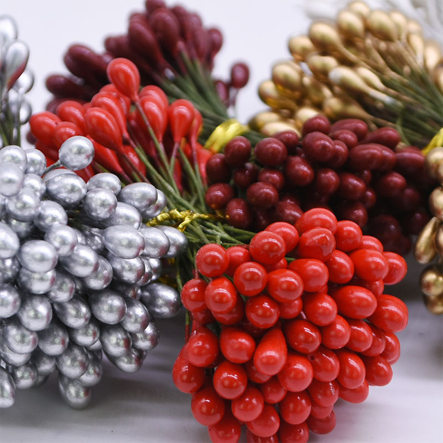 100 sztuk czerwonych sztucznych kwiatów 5mm - pręcik jagody do własnoręcznego tworzenia świątecznego wianka - dekoracje tortu weselnego - Wianko - 6