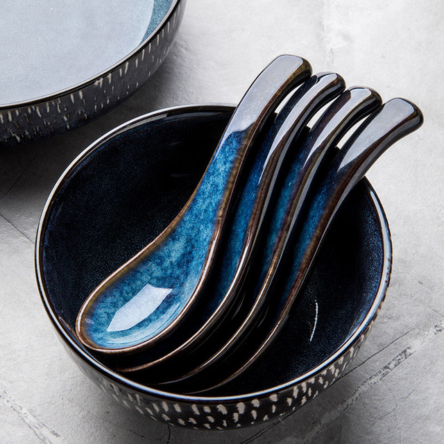 Japońska ceramiczna łyżka do zupy w niebieskim kolorze, 4 sztuki w zestawie - Wianko - 2
