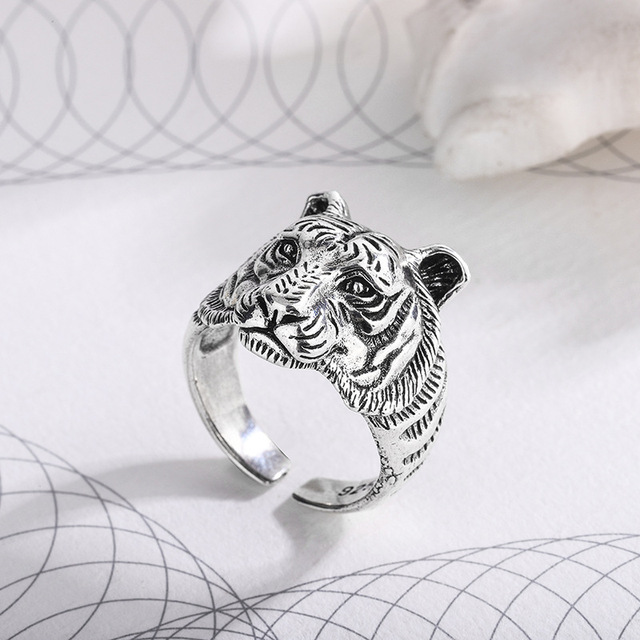 Męski pierścień regulowany zodiak Tiger Hipster Hip-Hop ze srebra pr.925 w stylu retro jako trendy biżuteria prezenty - Wianko - 2