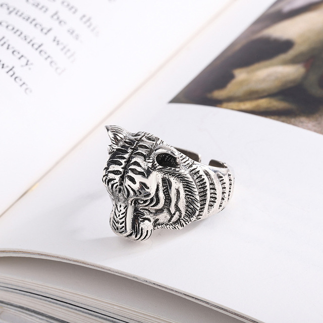 Męski pierścień regulowany zodiak Tiger Hipster Hip-Hop ze srebra pr.925 w stylu retro jako trendy biżuteria prezenty - Wianko - 4
