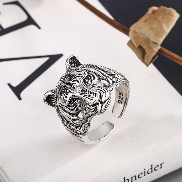 Męski pierścień regulowany zodiak Tiger Hipster Hip-Hop ze srebra pr.925 w stylu retro jako trendy biżuteria prezenty - Wianko - 3