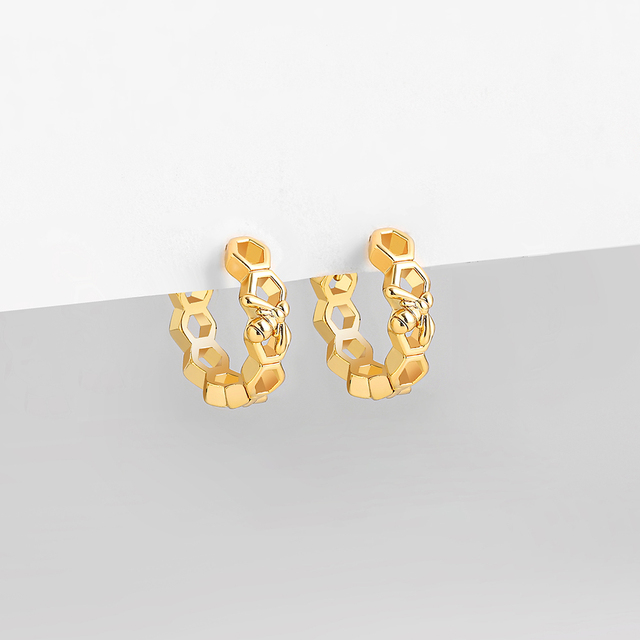 Złoto-srebrne kolczyki w kształcie plastra miodu z małą pszczołą - biżuteria ucha typu Hoop ze srebrnymi koralikami CZ - Wianko - 17