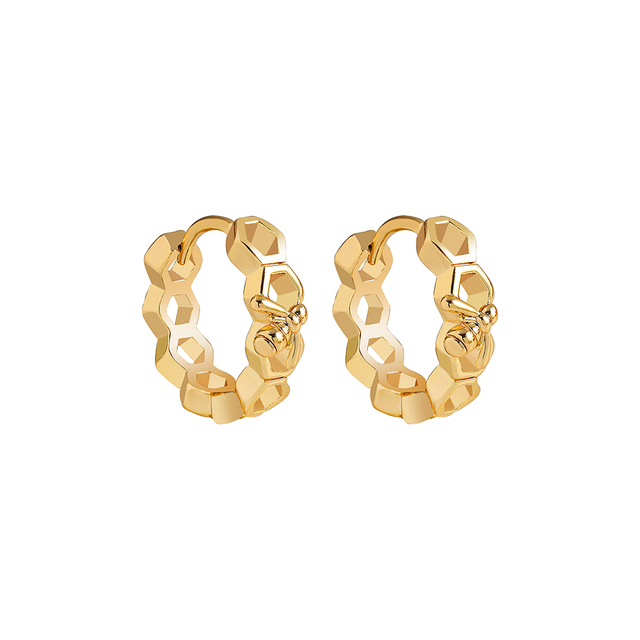 Złoto-srebrne kolczyki w kształcie plastra miodu z małą pszczołą - biżuteria ucha typu Hoop ze srebrnymi koralikami CZ - Wianko - 13
