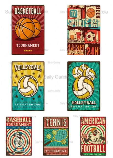 Blaszana tablica z vintage-owym wzorem kulki: koszykówka, siatkówka, baseball - plakat sportowy do dekoracji ścian w salonie - Wianko - 4