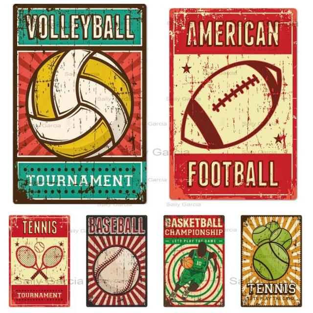 Blaszana tablica z vintage-owym wzorem kulki: koszykówka, siatkówka, baseball - plakat sportowy do dekoracji ścian w salonie - Wianko - 5