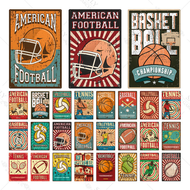 Blaszana tablica z vintage-owym wzorem kulki: koszykówka, siatkówka, baseball - plakat sportowy do dekoracji ścian w salonie - Wianko - 2