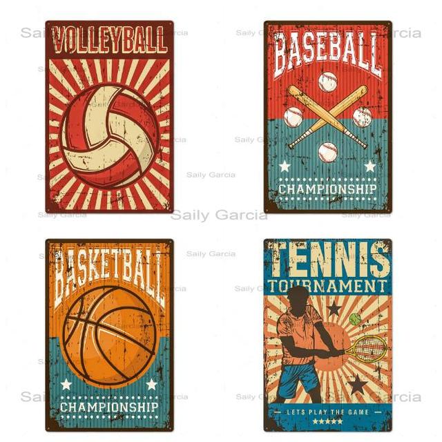 Blaszana tablica z vintage-owym wzorem kulki: koszykówka, siatkówka, baseball - plakat sportowy do dekoracji ścian w salonie - Wianko - 6