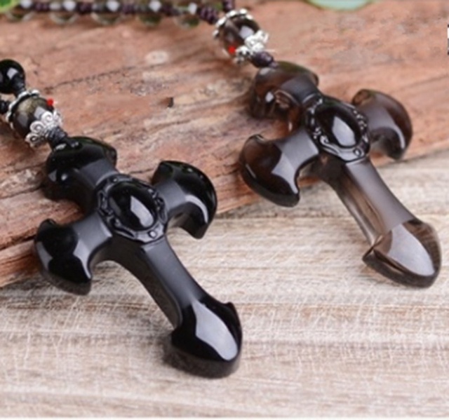 Ręcznie rzeźbiony wisiorek z naturalnego czarnego obsydianu w kształcie krzyża - biżuteria dla kobiet i mężczyzn - Wianko - 6