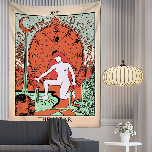Roślinne gobelin na ścianę - Wschód słońca w ilustrowanym motywie z fazą księżyca, wzór Tarot, idealny do dekoracji wnętrz i praktyk jogi - Wianko - 10