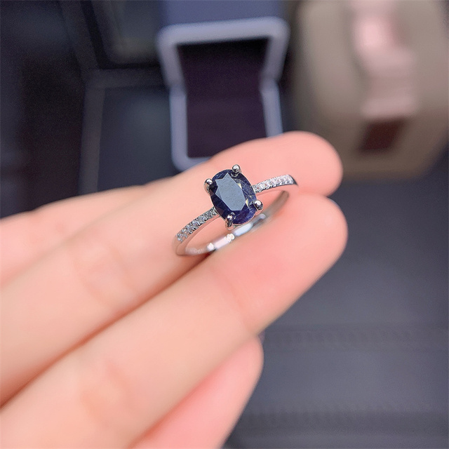 Solidny srebrny pierścionek z szafirem, naturalny kamień szlachetny, 5*7mm - Wianko - 3