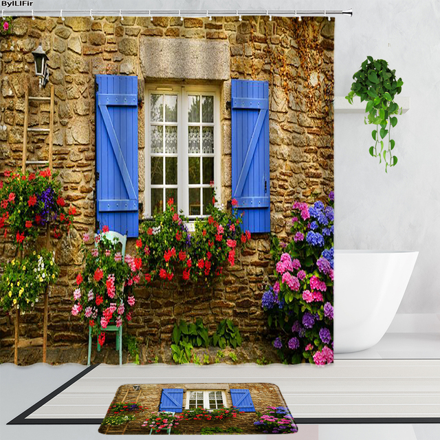 Zestaw 2 szt. drewnianych drzwi prysznicowych z pięknym motywem niebieskich kwiatów - wodoodporna zasłona prysznicowa i mata do kąpieli z dekoracyjnym - Wianko - 6