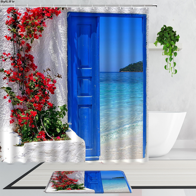 Zestaw 2 szt. drewnianych drzwi prysznicowych z pięknym motywem niebieskich kwiatów - wodoodporna zasłona prysznicowa i mata do kąpieli z dekoracyjnym - Wianko - 8
