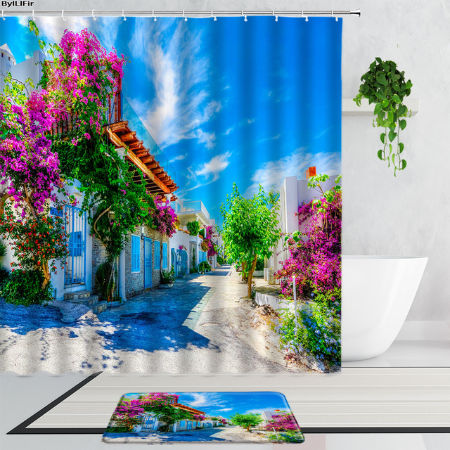 Zestaw 2 szt. drewnianych drzwi prysznicowych z pięknym motywem niebieskich kwiatów - wodoodporna zasłona prysznicowa i mata do kąpieli z dekoracyjnym - Wianko - 7
