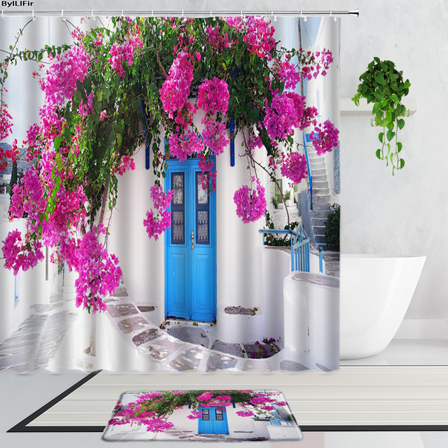 Zestaw 2 szt. drewnianych drzwi prysznicowych z pięknym motywem niebieskich kwiatów - wodoodporna zasłona prysznicowa i mata do kąpieli z dekoracyjnym - Wianko - 3